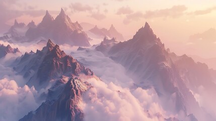 A high-altitude mountain scene with jagged peaks and soft mist. 8k UHD, suitable for high-quality printing or digital display. 