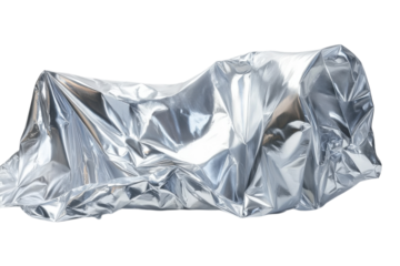 Silvery metallic cover conceals mysterious object under bright lighting in simple background