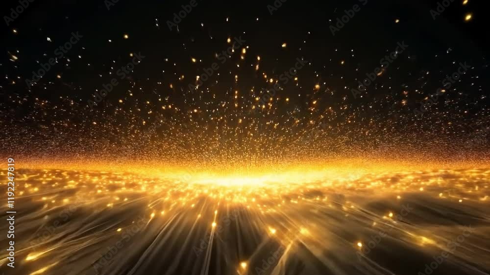 Fototapete golden radiance: a breathtaking display of shimmering golden particles explodes outwards, creating a