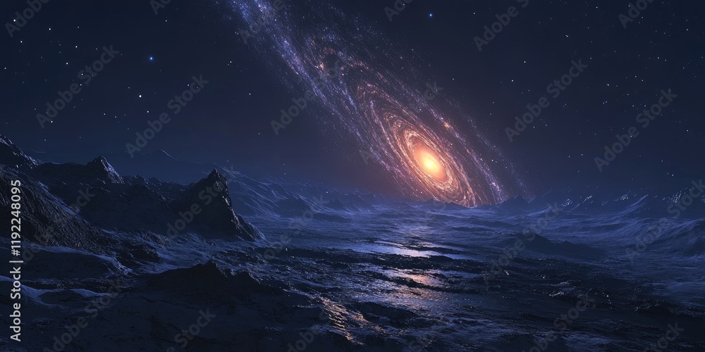 Poster a serene view of the andromeda galaxy from a distant planet, with its spiral arms and bright core gl