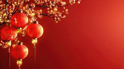 Red lanterns & plum blossoms, Chinese New Year celebration, festive background