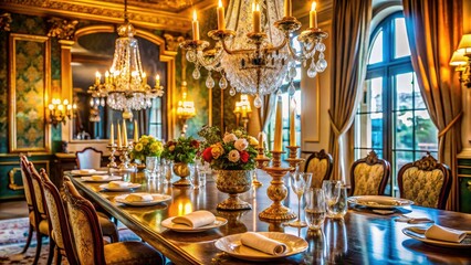 Fototapeta premium High-resolution image: opulent dining room, gold chairs, crystal chandelier, and a perfectly arranged dinner setting.