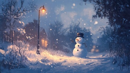 Fototapeta premium A cheerful snowman stands in a snowy landscape, wearing a green and white beanie with a pom-pom,