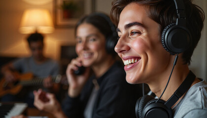 Young musicians smiling while composing music in home studio, creativity