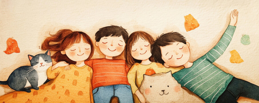 Cozy family of four relaxing on rug with their pet cat, enjoying joyful moment together. warm atmosphere is filled with love and happiness