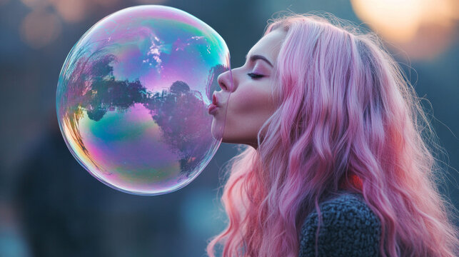 A woman with pink hair blowing bubbles