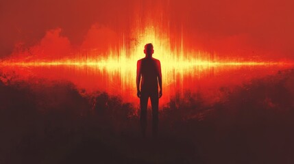 Fototapeta premium Man standing before glowing energy in apocalyptic landscape
