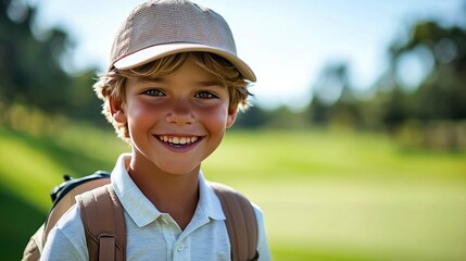 A Happy Young Golfer Smiles Brightly on a Sunny Day at the Golf Course. This joyful image captures the essence of youth, sport, and outdoor fun.