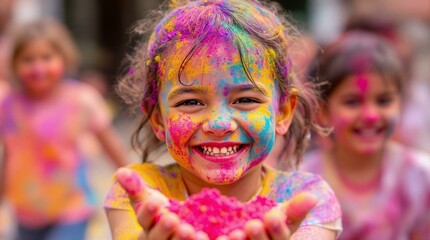 Smiling girl with colorful powder in hands, joyful expression, Holi festival celebration background
