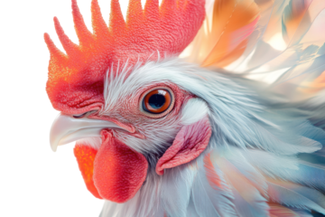 Unique close-up of a colorful rooster showcasing vibrant feathers and striking features in a bright, neutral setting