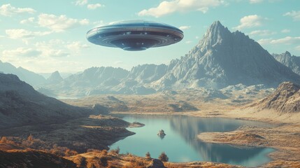 A futuristic flying saucer hovers above a serene landscape,