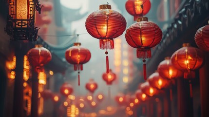 Festive red lanterns illuminate a misty Chinese alleyway; cultural celebration background