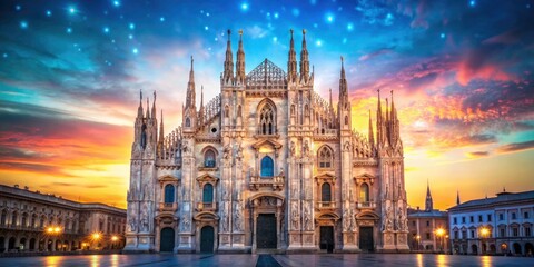 Fototapeta premium Italy's iconic Duomo: blue skies, blurred backgrounds, and exquisite cathedral architecture captured in a stunning photograph.