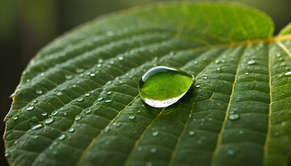 A single dew drop on a leaf reflecting a lush forest scene under soft morning light