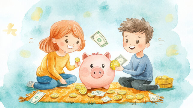 Children playing with piggy bank, counting coins and bills happily. This joyful scene captures essence of saving and financial literacy for kids