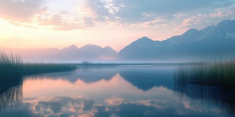 Obraz premium A serene wetland landscape at dawn, with calm waters reflecting the sky, surrounded by tall grasses and distant mountains