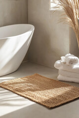 Natural bath mat with towels in a serene bathroom setting