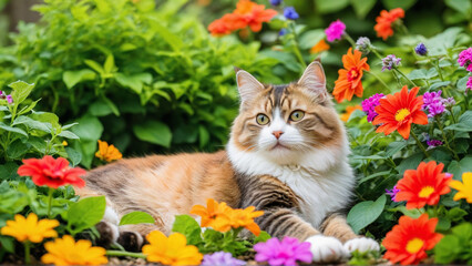 A cute cat is playing around in a vibrant garden, surrounded by colorful flowers and lush greenery