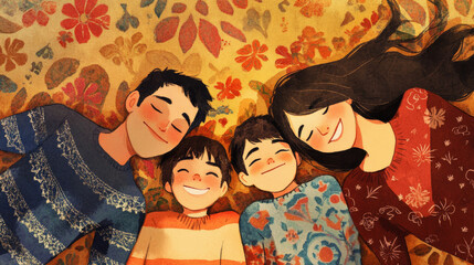 happy family of four laying head to head on colorful floral background, sharing smiles and warmth. children wear cozy sweaters, creating joyful and loving atmosphere