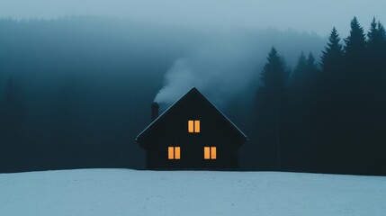 Fototapeta premium A cozy log cabin in the woods in winter with smoke coming from the chimney.