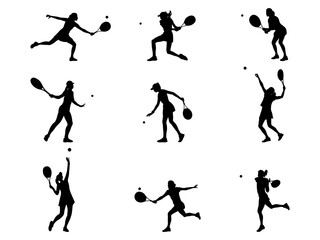 Set of Female Tennis Player Silhouette in various poses isolated on white background