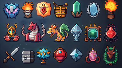 Fototapeta premium Pixel Art Game Assets Dragons Crystals Fantasy Items