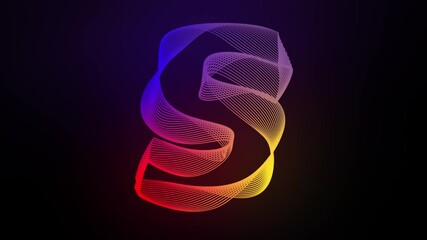 3D Letter S swirling lines animation on dark gradient background abstract dynamic motion graphics particle glow typography visual effect rainbow digital alphabet