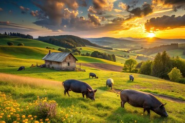 Pasture pigs, idyllic scenery, and breathtaking sunsets at Black Pig Farm.  Capture rural beauty.