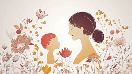 A Mother's Love: A Tender Portrait of a Mom and Daughter Amidst Blooming Flowers. A heartwarming illustration of family bond and affection.