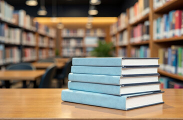 Book stack on the desk in public library