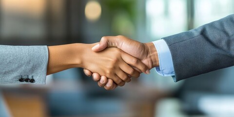 Two business professionals shaking hands in a modern office close-up of hands and confident expressions sealing a deal with determination in their eyes