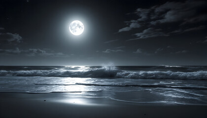 Serene Moonlight Ocean: Tranquil Night Seascape with Full Moon