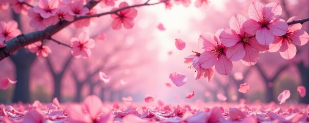 Fototapeta premium Abundant pink sakura petals create a swirling, falling effect , cherry, subtle, gentle