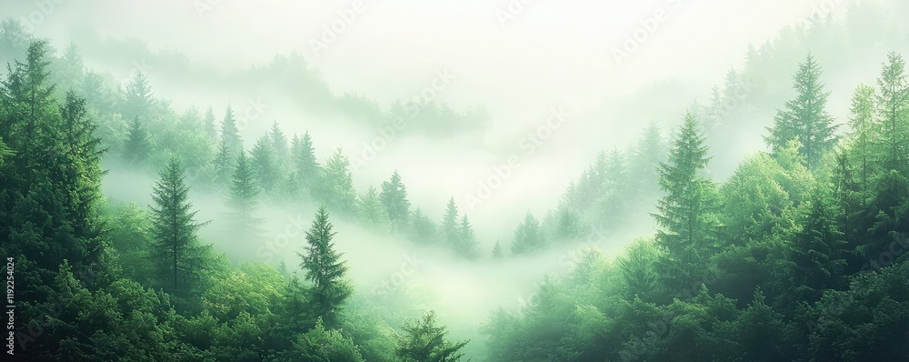 Poster blurred abstract background concept. lush green forests enveloped in mist create a serene and tranqu