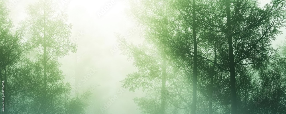 Poster blurred abstract background concept. serene misty forest with tall trees and gentle light filtering 