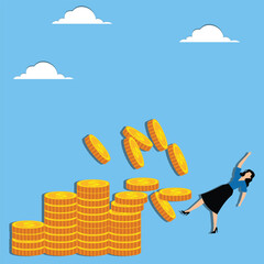 Bankruptcy, operating losses, investment or business failures, financial and economic turmoil, businesswomen falling off the wobbly, collapsing pile of gold coins