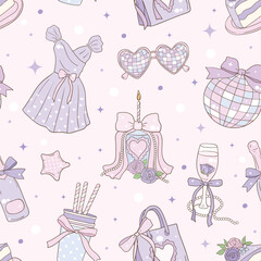 Whimsical Hand-Drawn Pastel Birthday Party Seamless Pattern. Party Decoration. Vector Illustration