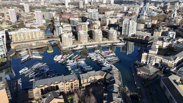 Limehouse basin East London UK Panning drone aerial