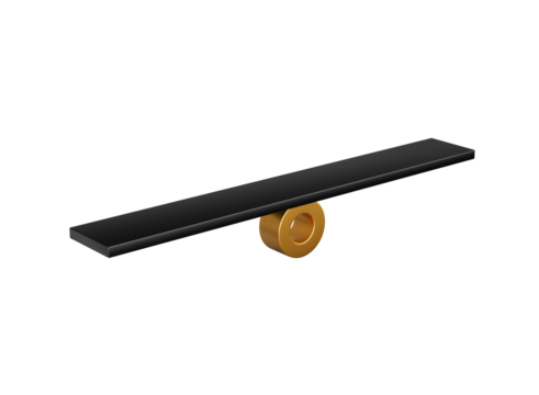 A Black Balanced Seesaw On Shiny Golden Fulcrum Symbolizes Leverage And Equilibrium 3D Illustration