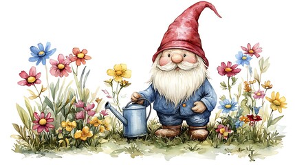 A whimsical watercolor illustration of a garden gnome tending to a vibrant flower garden with a watering can.