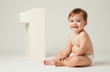 2/3 of the space is free for text on the left side, a little boy in a diaper sits on a pale blue background, next to a large, airy number 1, the boy looks at the camera and smiles