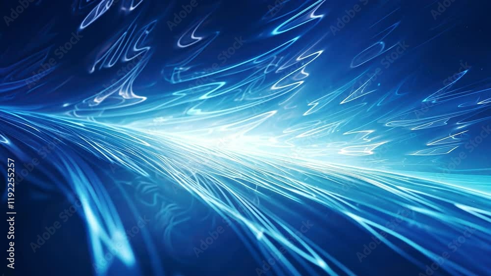 Poster abstract blue energy flow: glowing blue lines converge towards a bright center, creating a dynamic a