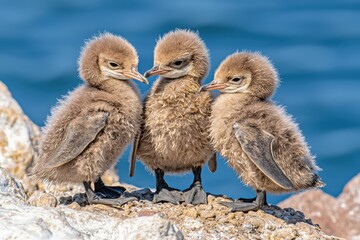 Obraz premium Three adorable fluffy baby birds huddle together on a rocky outcrop near the ocean, showcasing their downy feathers and captivating expressions.