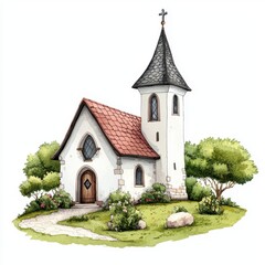Naklejka premium Charming Small Church Surrounded by Lush Greenery and Flowers