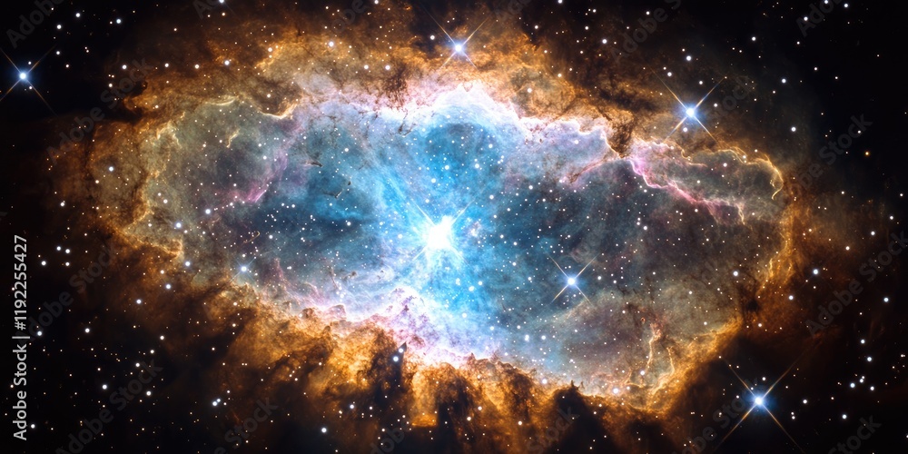 Poster a close-up view of a nebula within a galaxy, with vibrant colors of gas and dust illuminated by near