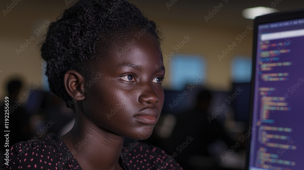 Poster developing countries employment concept. focused young woman coding at a computer in a tech environm