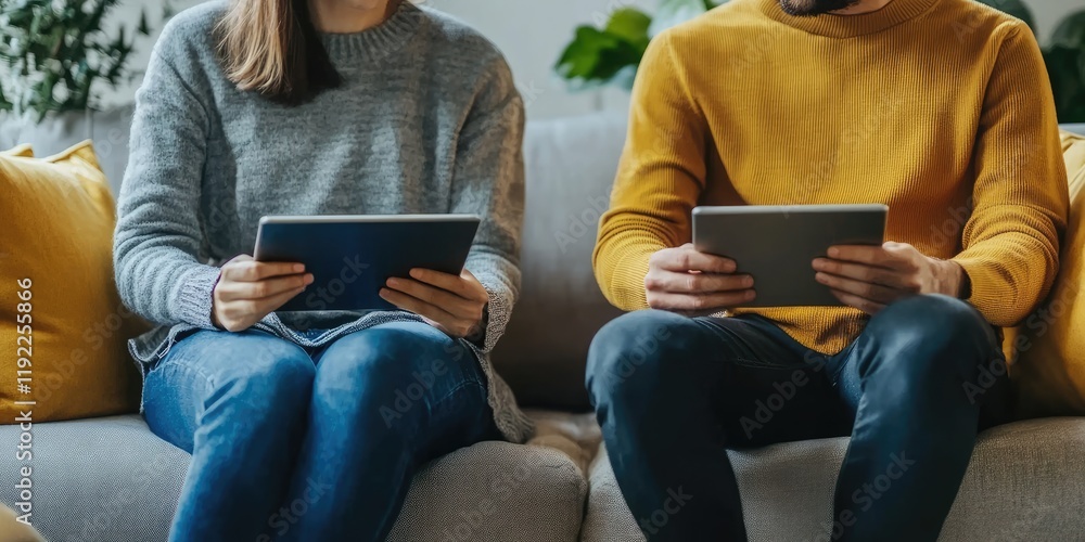 Poster two adults sitting on a couch with tablets in hand, learning a new language together with focus and 