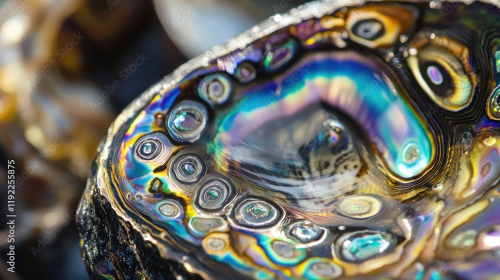 Poster close-up of iridescent abalone shell with vibrant colors and textures.