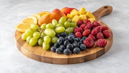 Fresh assorted fruits on wooden cutting board.
