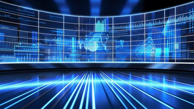 Data Stream Visualization: Futuristic digital display showcasing dynamic data streams, graphs, and charts on a large curved screen, creating a captivating visual representation of information flow.  